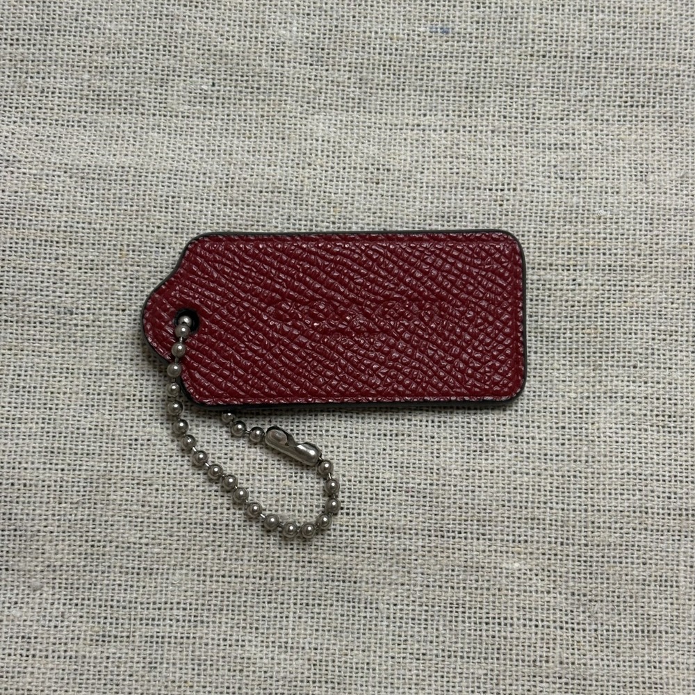COACH 2.25" Hang Tag Bag Charm Deep Red Crossgrain Leather, Silver Ball Chain